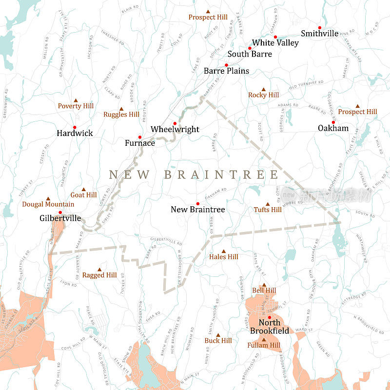 MA Worcester新Braintree矢量路线图